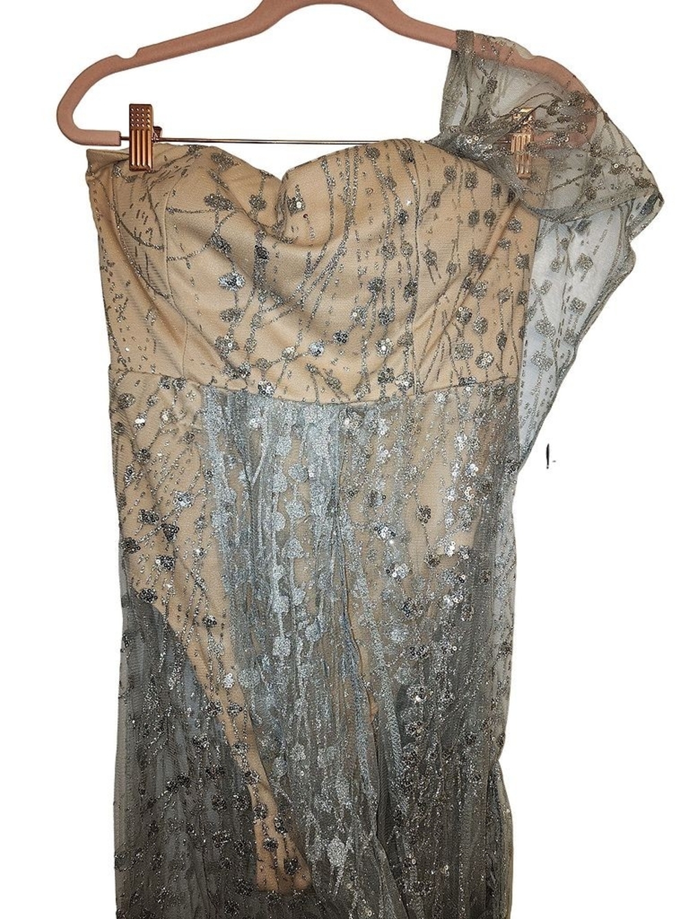 Split Silver Sequin Maxi Dress with Nude Bodysuit, Medium - Picture 5 of 10